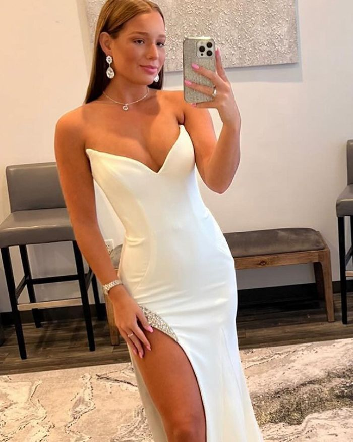 Satin Mermaid White Prom Dress with Beading Side Slit gh2506