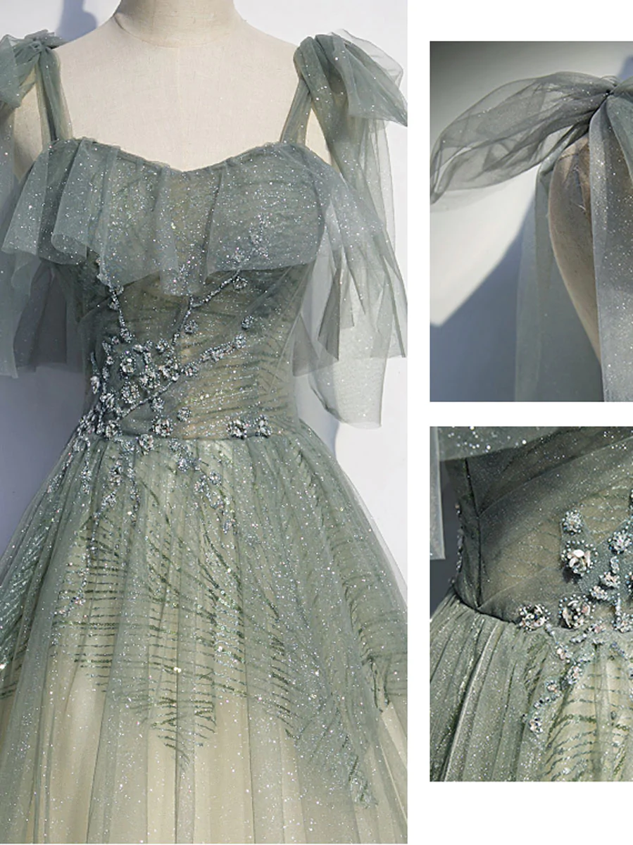 Gray Green Tulle Sequin Beads Long Prom Dress, Green Evening Dress  gh2132