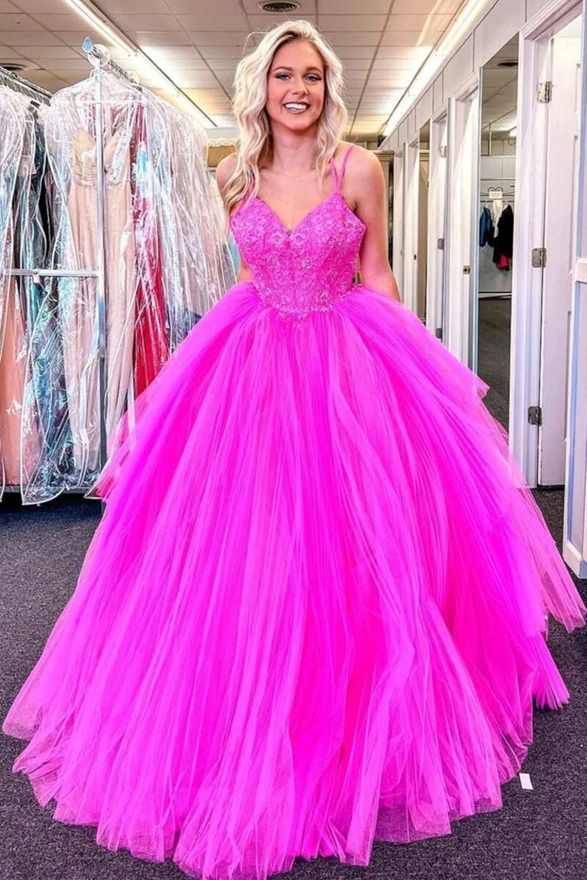 V Neck Fuchsia Lace Appliques Tulle Long Prom Dresses, Fuchsia Lace Formal Evening Dresses, Fuchsia Ball Gown gh2562