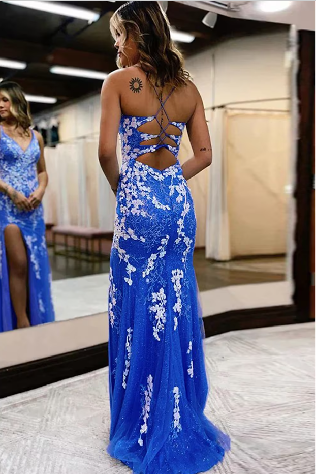 Blue printed embroidered lace V neck long slit ball gown evening dress gh2240