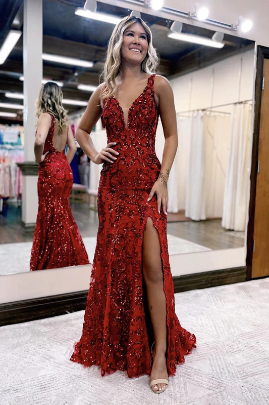 Mermaid V Neck Sequined Lace Prom Dress with Slit gh2677
