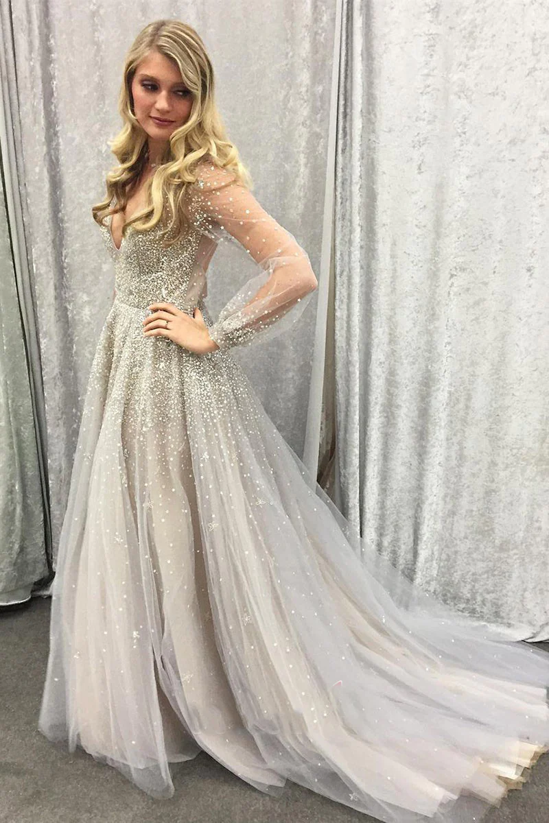 Newly A Line Gray Tulle Long Sleeves See Through Sweetheart Beaded Prom gh2493