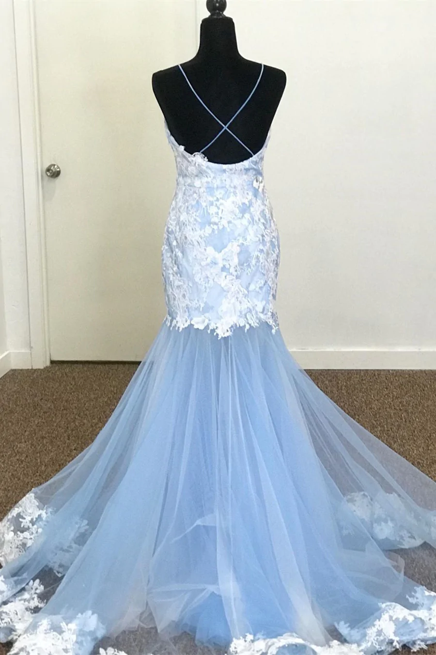 Mermaid V-Neck Lace Appliques Sky Blue Prom Dress gh2312