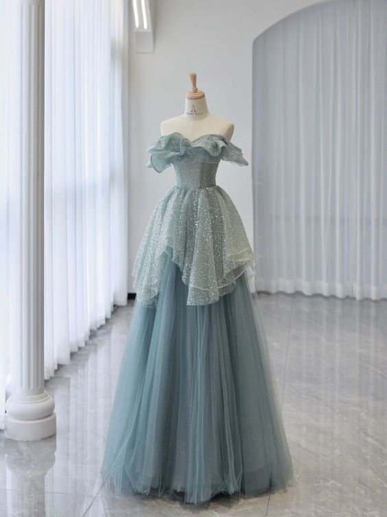 A-Line Off Shoulder Tulle Prom Dress Blue Long Graduation Dress gh2731