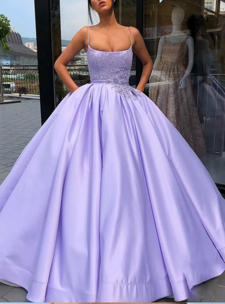Purple Ball Gown Spaghetti Straps Satin Sweet 16 Dress With Pocket Quinceanera Dress gh2217