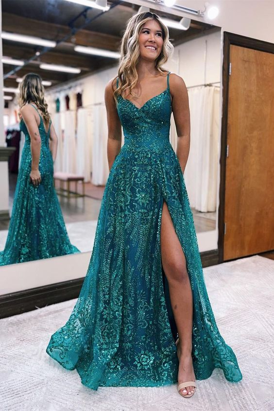 Designer Long A-line Spaghetti Straps Lace Sleeveless Prom Dress With Slit gh2709