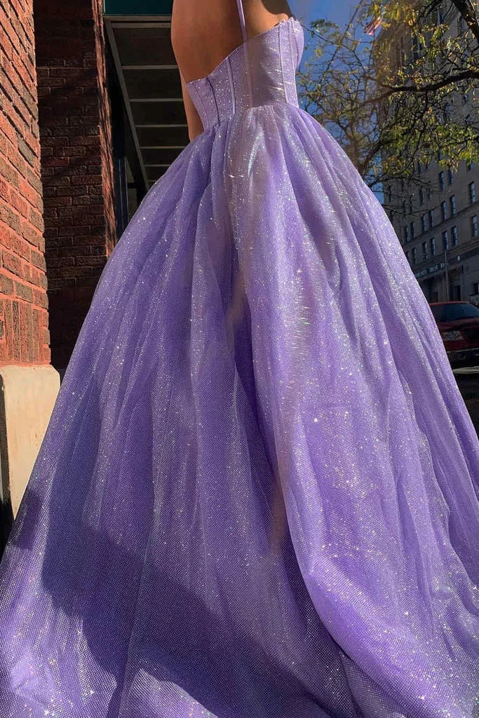 Spaghetti Straps Sparkly Lilac A Line Prom Dresses Sequin Evening Dress gh1975