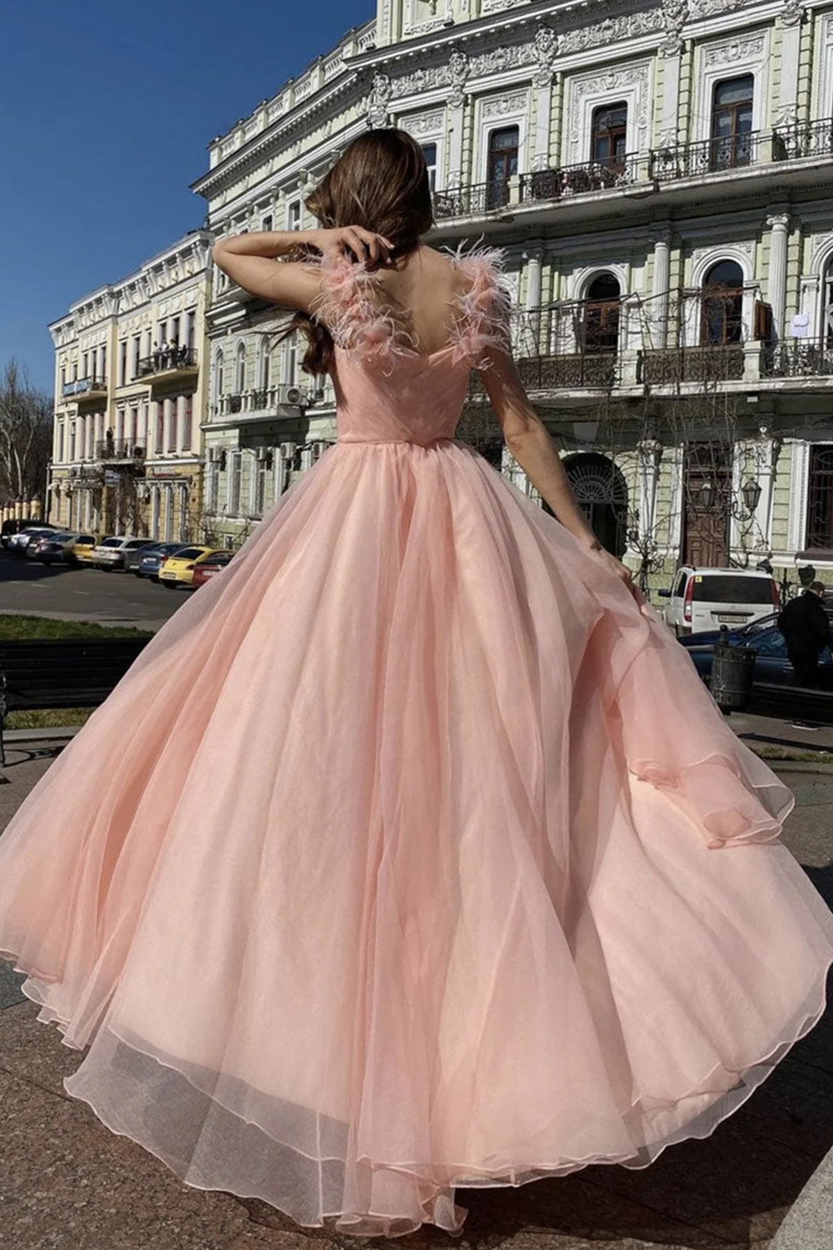 Elegant V Neck Pink Tulle Long Prom Dresses with High Slit, Pink Tulle Formal Graduation Evening Dresses gh2602