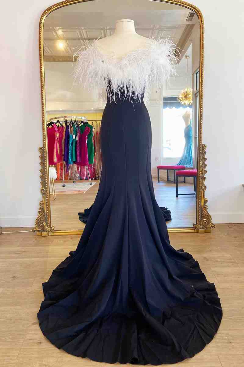 Long Black High Slit Prom Dress with White Feather gh2409