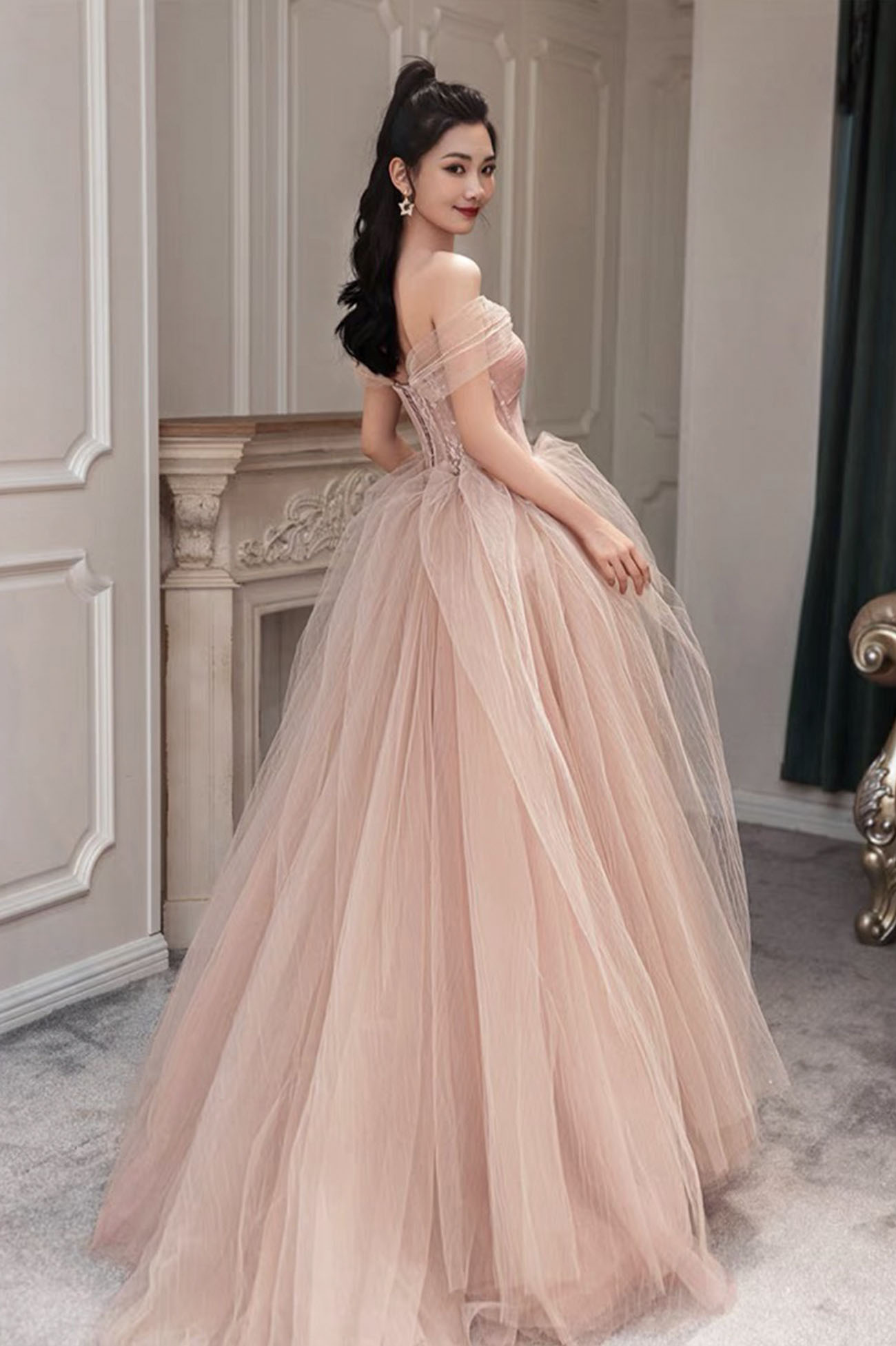 PINK TULLE LONG PROM DRESS PINK EVENING DRESS gh2448
