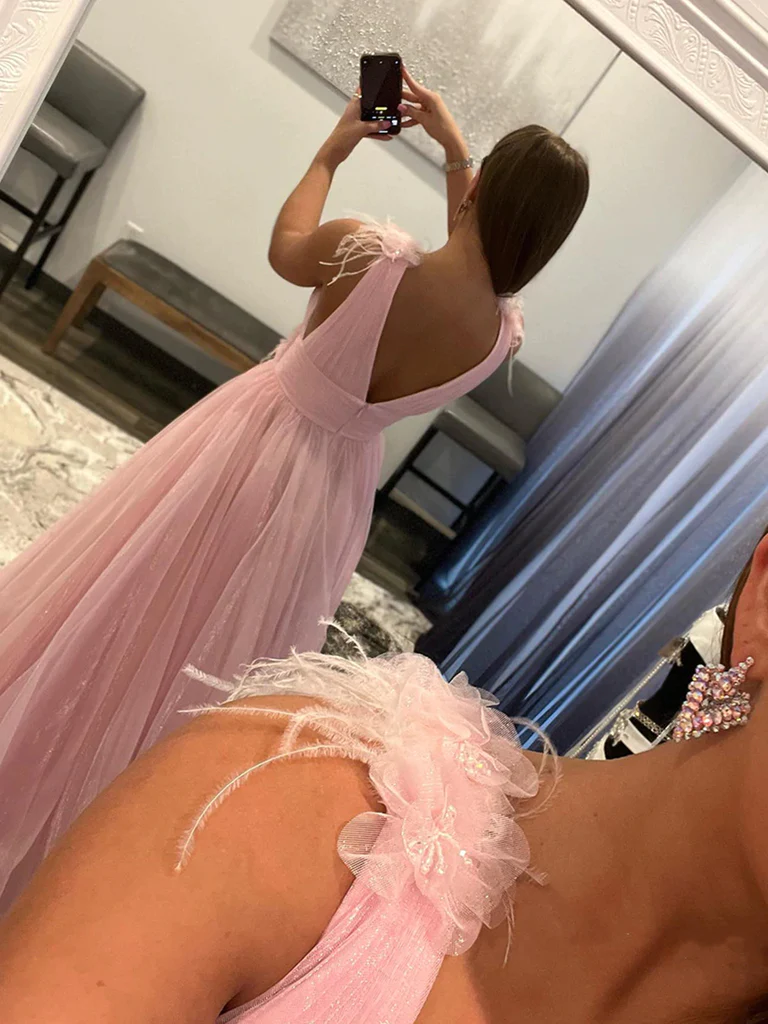 V Neck and V Back Pink Tulle Long Prom Dresses, V Neck Pink Formal Graduation Evening Dresses gh2518
