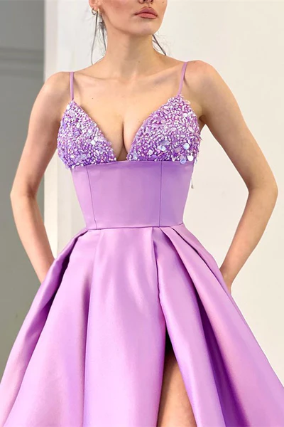 LILAC SPAGHETTI-STRAPS SLEEVELESS PROM DRESS SPLIT LONG WITH SEQUINS  gh2034