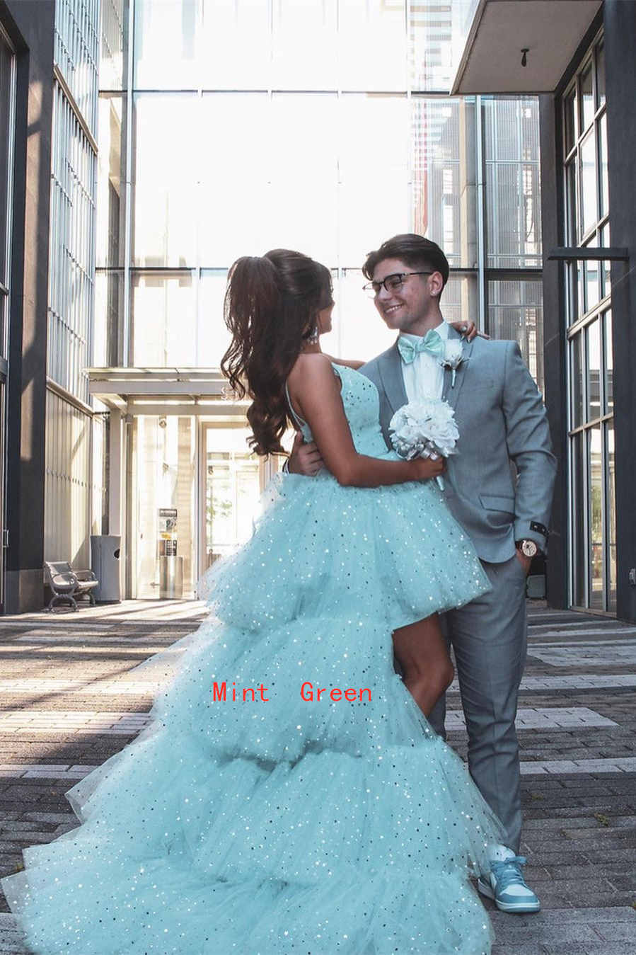 Glitter Hi-Low Lavender Tiered Tulle Prom Dress gh2249