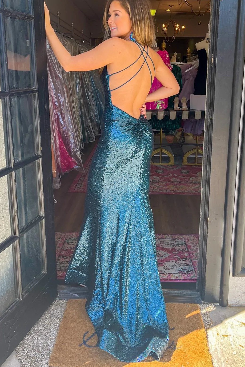 Green Sequin V-Neck Lace-Up Back Mermaid Prom Gown gh2454