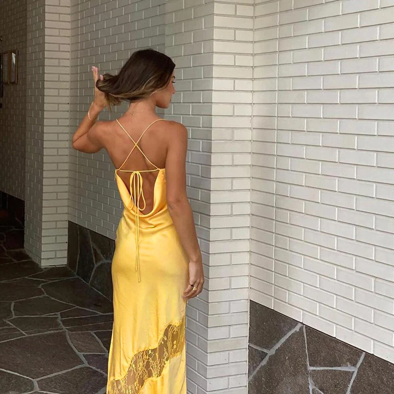 Yellow new lace spaghetti straps sexy backless mid-length elegant satin prom dress evening dress party dress gh1977