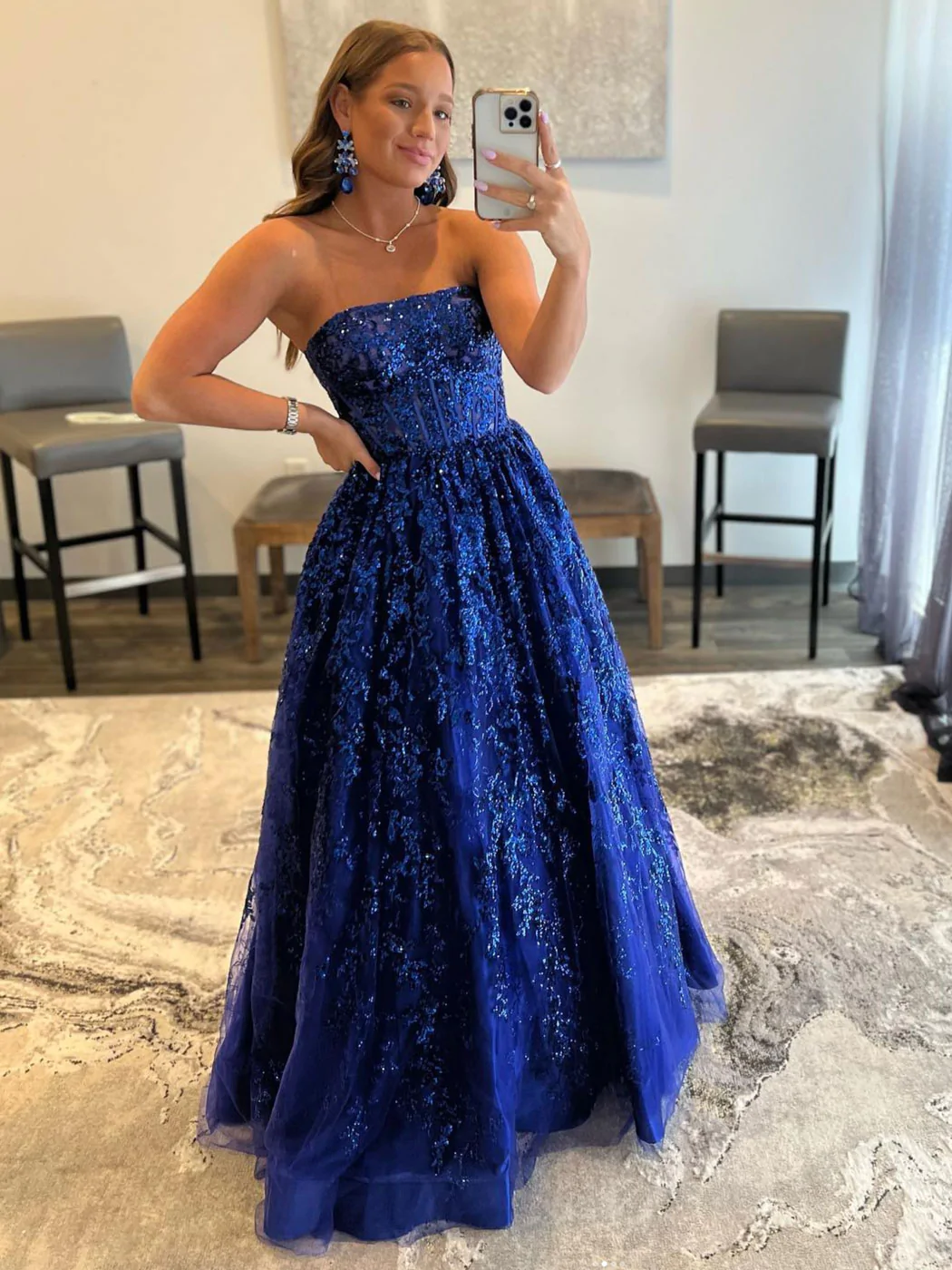 Blue A line tulle sequin long prom dress, blue tulle evening dress gh2213