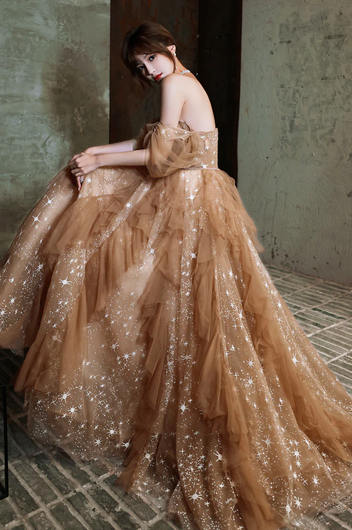 Yellow gorgeous shiny fashion A-line long tulle elegant ball gown evening dress gh2152