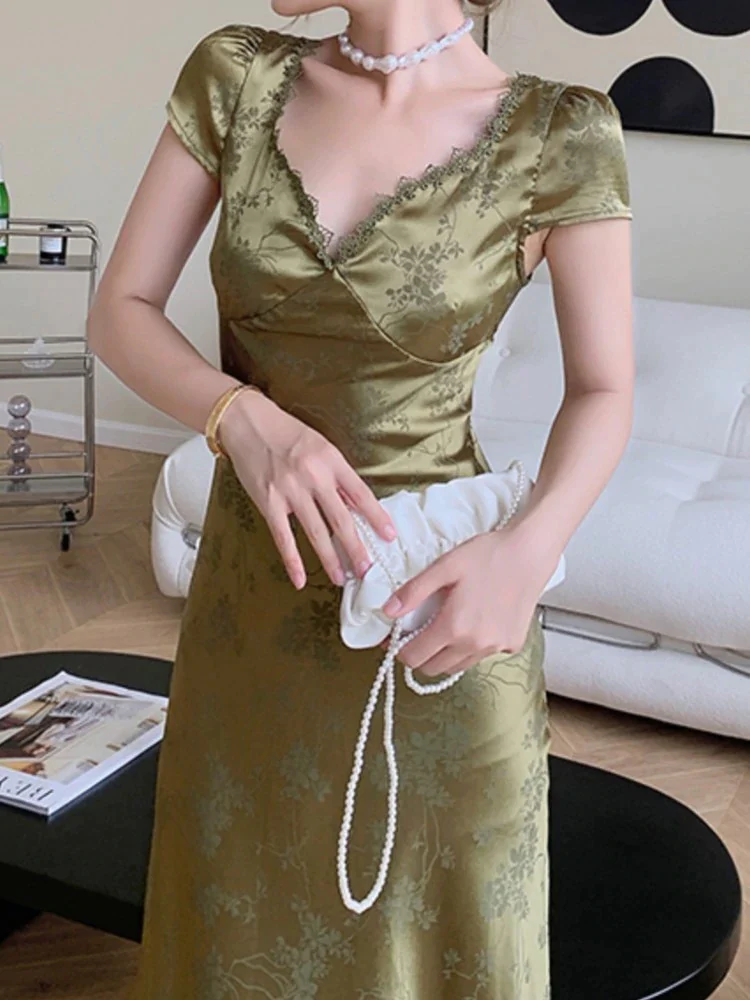 Summer Elegant Women Satin Backless Short Sleeve Lace Sexy Bandage Vintage Bodycon Vestidos Female Fashion Robe New Prom Dress gh2327