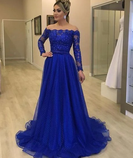 Off shoulder royal blue prom dress fg1539