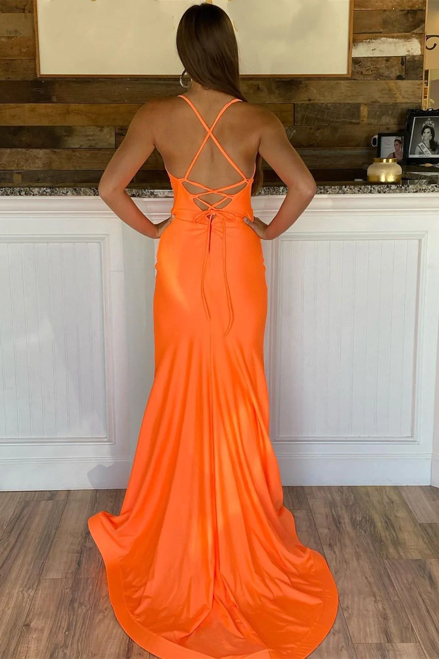 Orange Straps Satin Mermaid Long Prom Dress fg2800