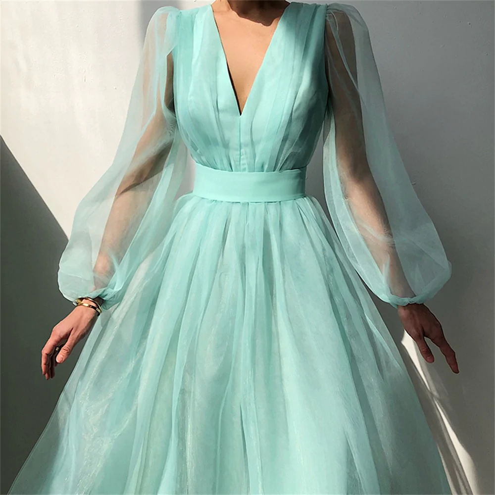 Graduation dress Short A Line Prom Dresses V Neck Long Puff Sleeve Tulle Formal Wedding Evening Party Dresses For Graduation fg2854