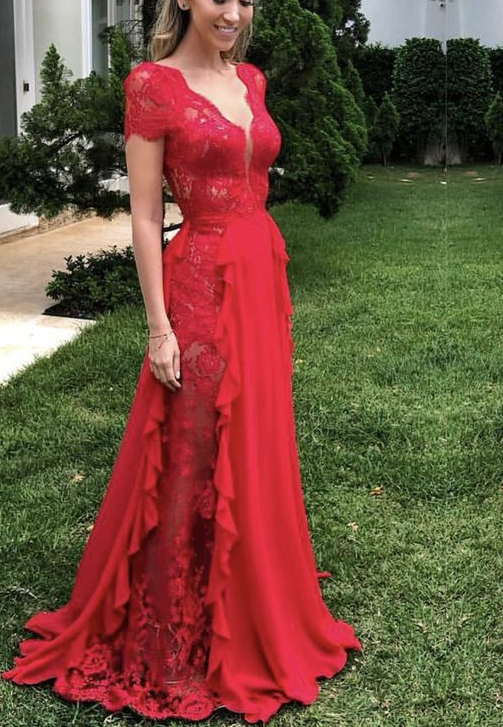 Charming A Line Long Wedding Guest Dress Red Prom Gowns fg2688