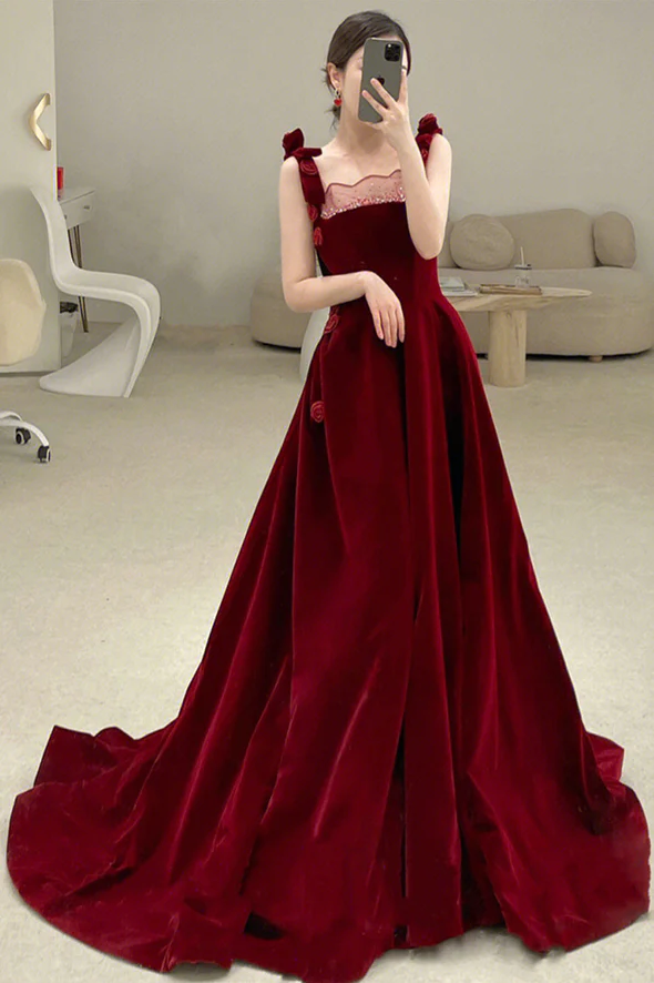 Burgundy velvet long prom dress A-line evening dress fg2223