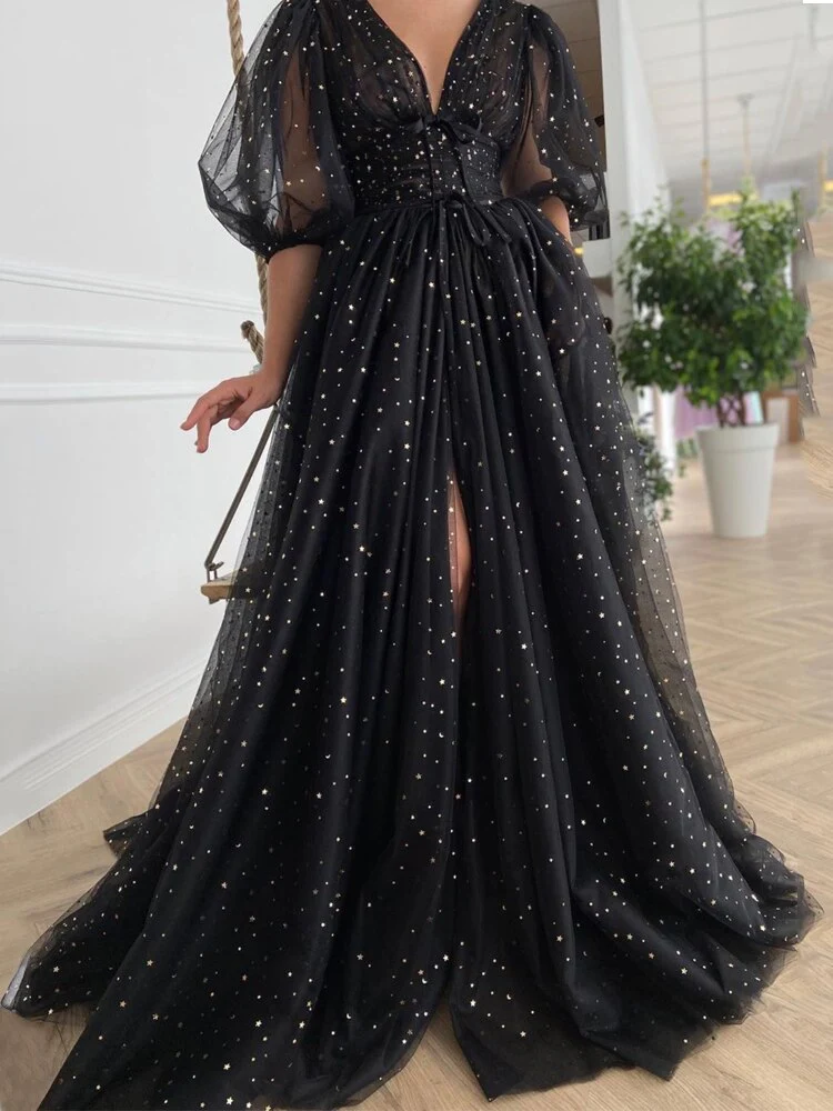 Black Tulle lace dress Black Dress Womens glitter Dress V-neckline Puff Sleeve Party Dress fg2974