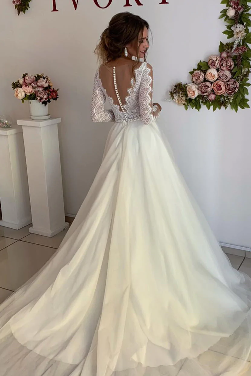 Princess Long Sleeves A-line Ivory Wedding Dress with Lace fg3132