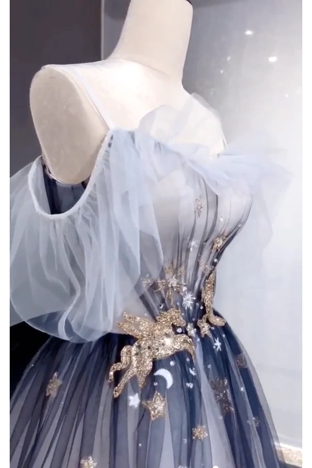 A Line Off the Shoulder Ombre Prom Dress, Long Tulle Prom Dress with Saprkles fg2489