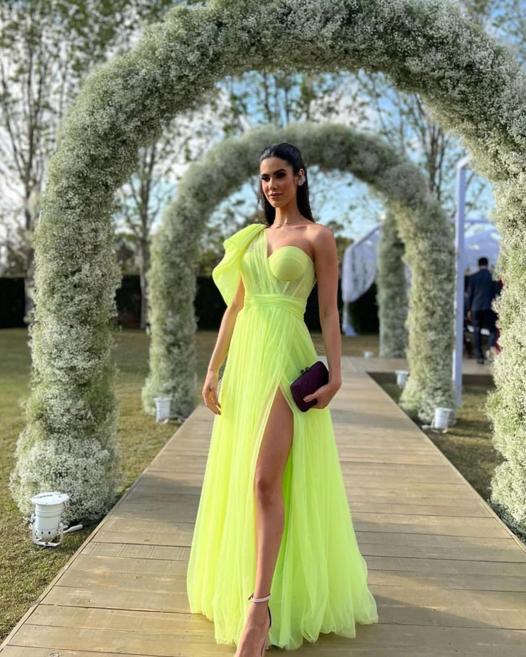 Charming A Line One Shoulder Fluorescent Green Tulle Long Prom Dresses with Slit fg2351