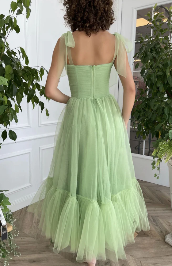 SIMPLE GREEN TULLE TEA LENGTH PROM DRESS, GREEN EVENING DRESS fg1579