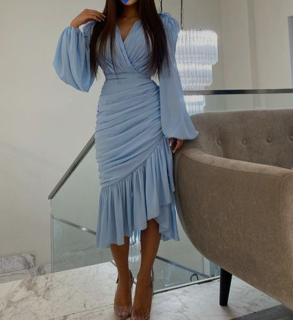 Blue Tea Length Prom Dress Long Sleeves fg1514