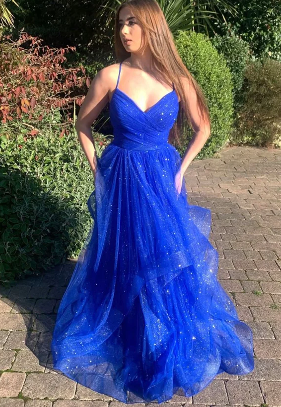 Blue tulle long prom dress A line evening gown fg1117