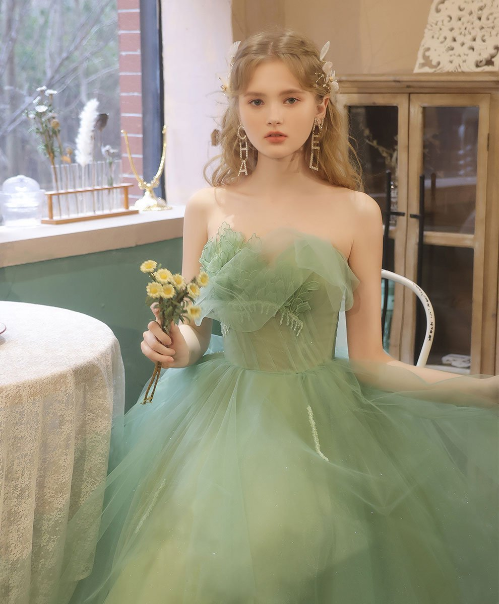 Green tulle lace tea length prom dress green tulle formal dress fg1916