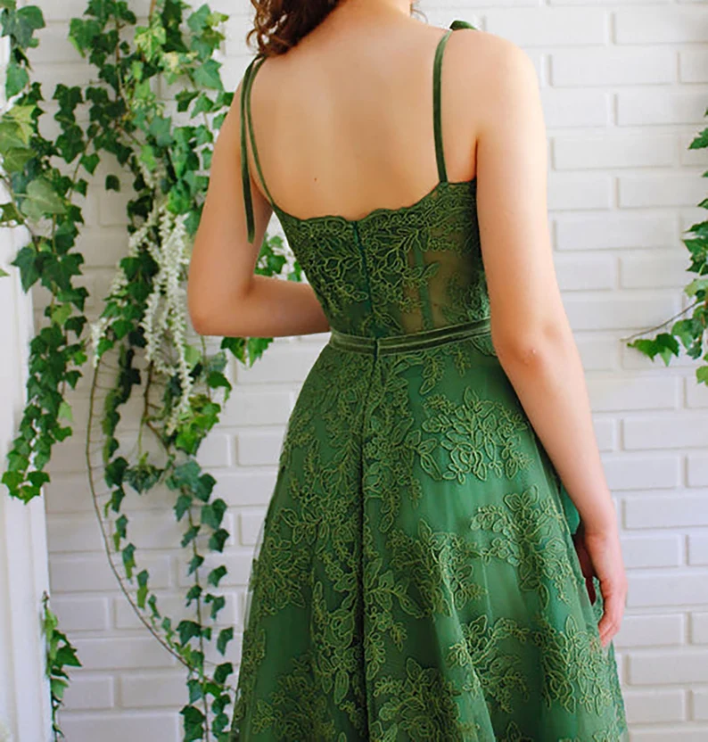 Dark Green Lace Prom Gown,A line Long Green Lace Fairy Prom Dress,Sweetheart Tied Straps Ball Gown Prom Dress, Lace Homecoming/Party Dress fg2247