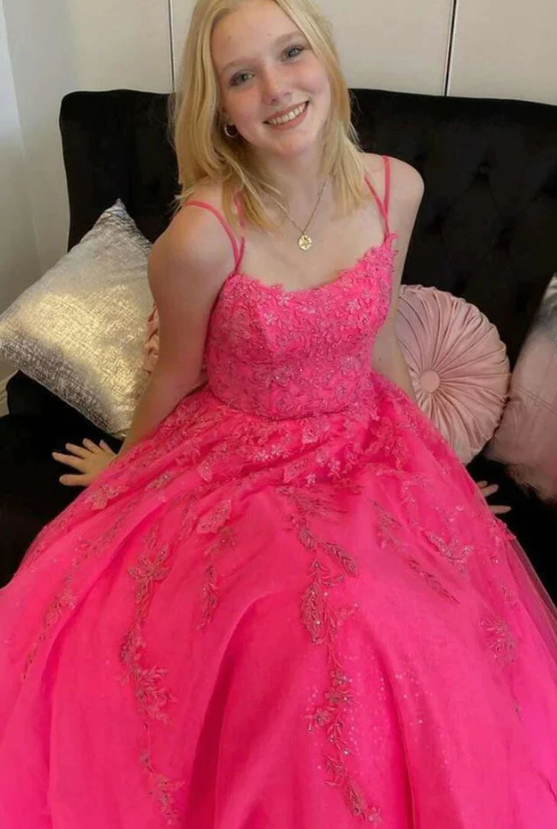 Hot Pink A Line Tulle Lace Appliques Long Prom Dress, Gorgeous Formal Gown fg1463