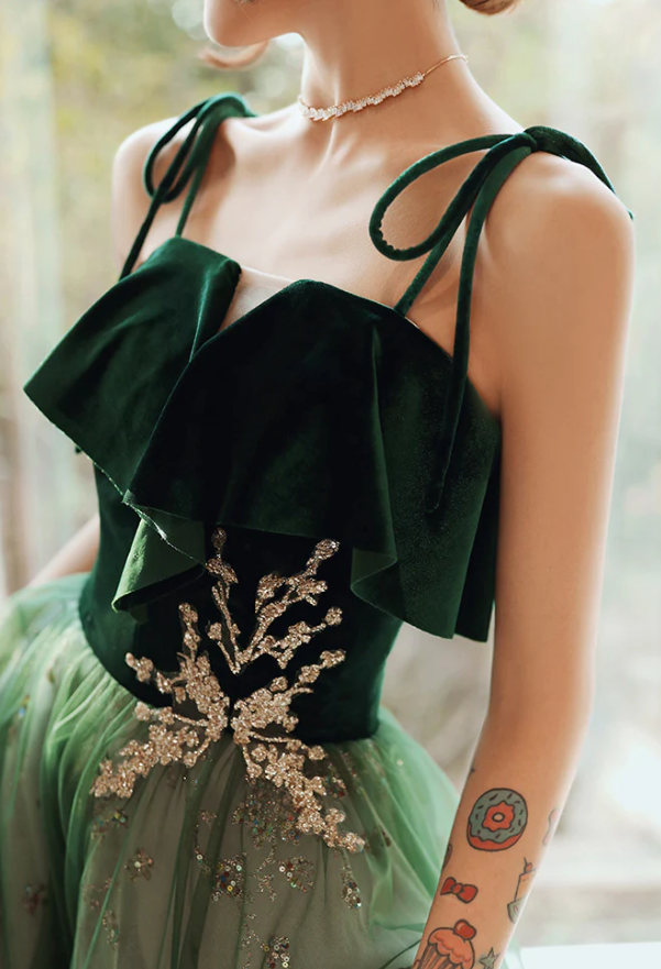 Beautiful Dark Green Straps Tulle with Velvet Party Dress, Green Evening Gown Prom Dress fg1051