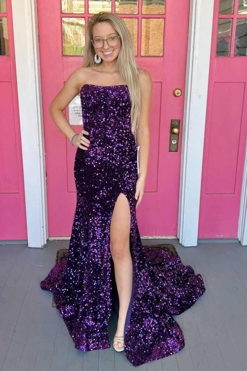 Burgundy Sequin Strapless Mermaid Long Prom Dress gh2088