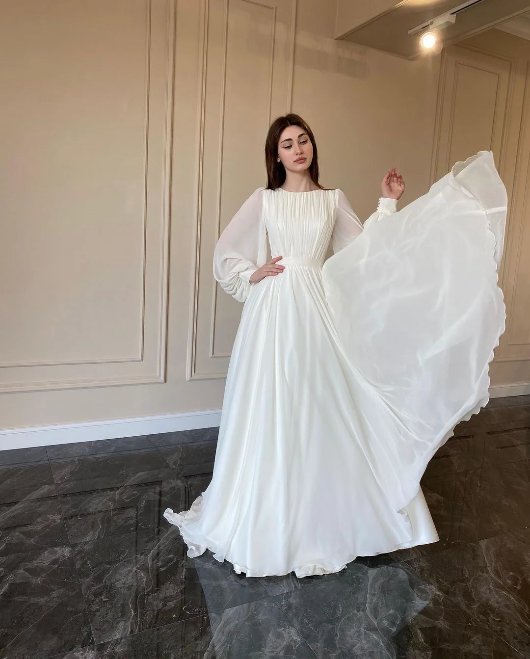 Women Elegant Pleated Lantern Sleeve Round Neck Maxi Dress Fashion Long Sleeve Party Evening Dress fg5902