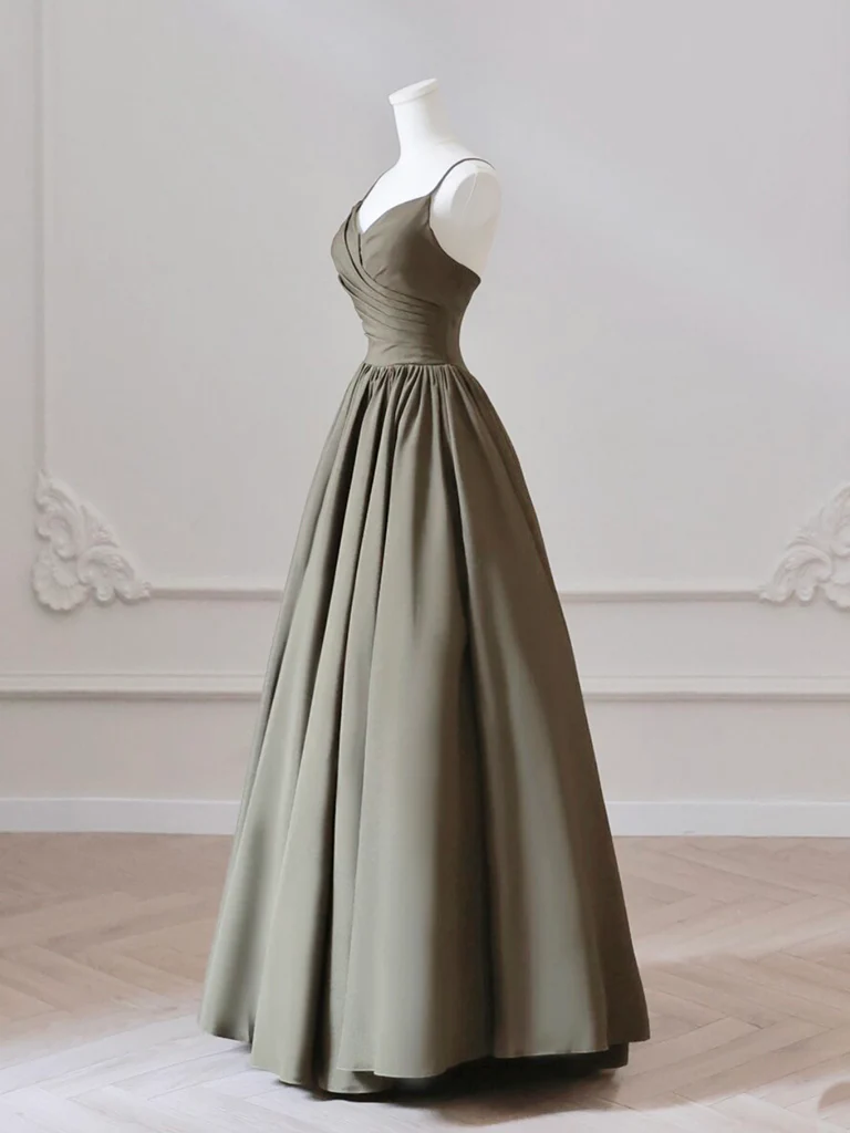 A-Line V Neck Satin Olive Green Long Prom Dress, Olive Green Long Formal Dress fg4938