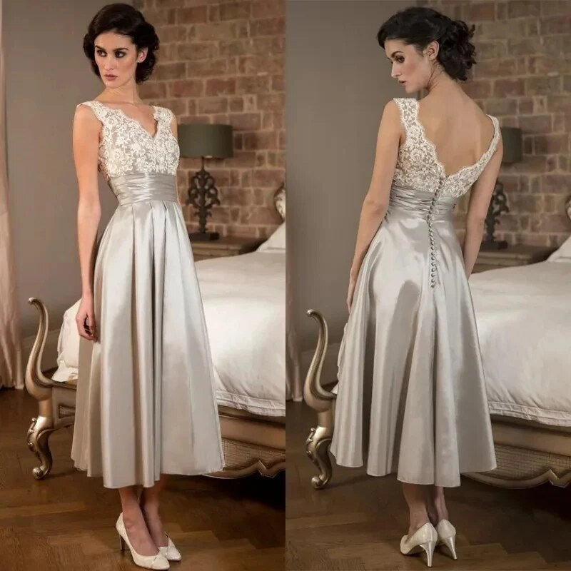 Vintage V Neck Tea Length Silver Occasion Dress with Pleated Cummerband Sexy V Neck Lace Prom Dresses cg9700