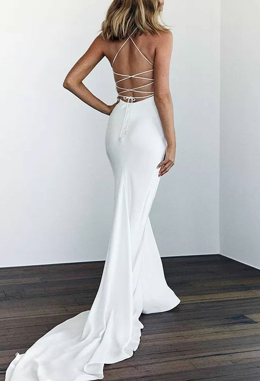 White Mermaid Long Prom Dress, Backless Prom Dress cg15310