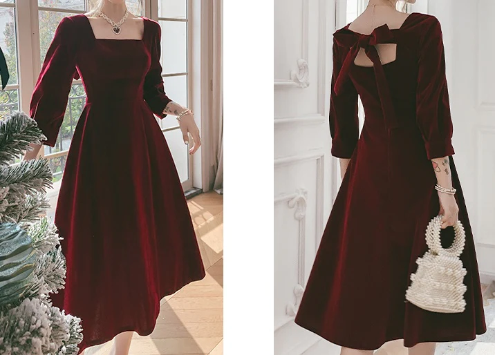 Vintage Square Necking Tea Length Burgundy Velvet Prom Dresses fg4754