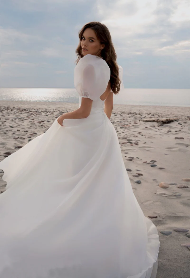 Charming A-Line Square Neck Puff Sleeves Wedding Dresses with Train fg5860