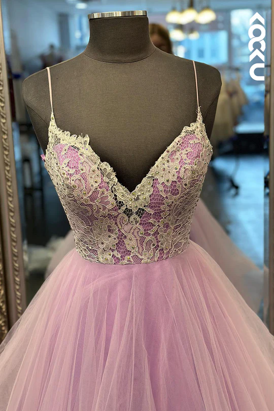 A-Line Straps Tulle Appliques Sleeveless Prom Dress fg4591