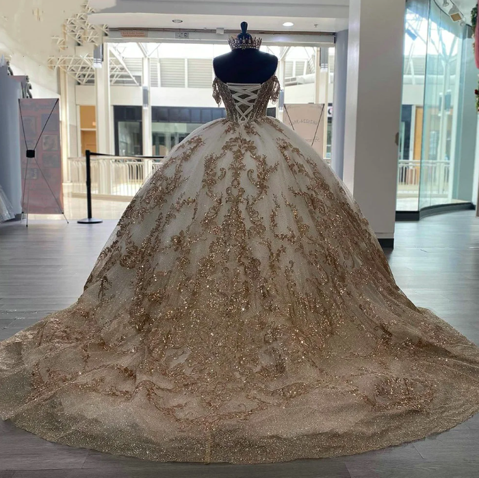 Champagne Beading Tassel Ball Gown Quinceanera Dress Spaghetti Sequined Appliques Lace Vestidos De 15 Años fg5746