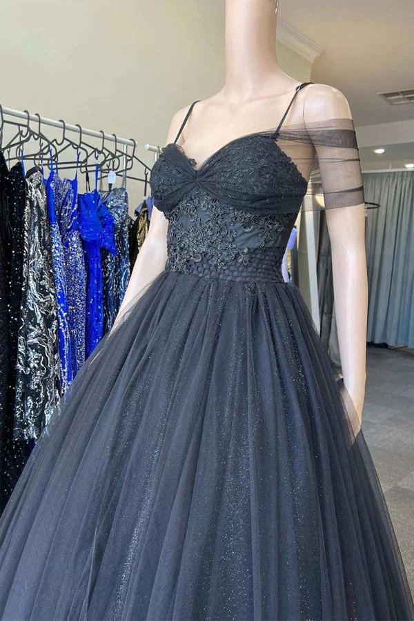 A Line Wedding Dress Princess V Neck Black Tulle Cold-Shoulder Long Prom Gown Formal Dresses fg3308