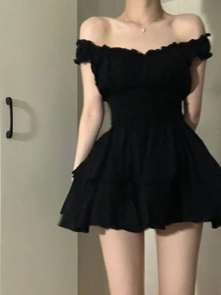 Black Mini Dress Women Vintage A-line Summer Sweet Homecoming Dress fg5773