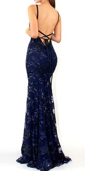 navy blue mermaid tulle and sequins long formal prom dress with v neckline and lace up back cg10962